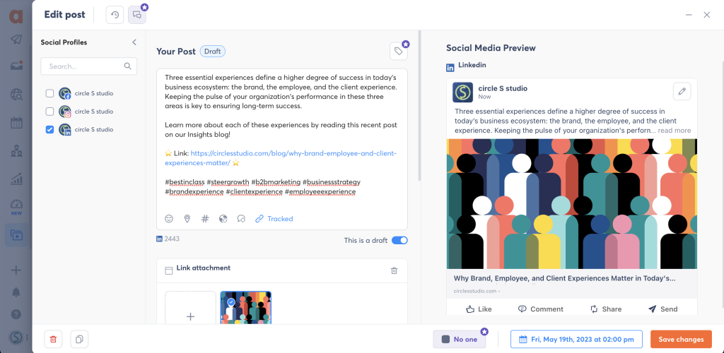 A screenshot of the Agorapulse social media publisher interface.