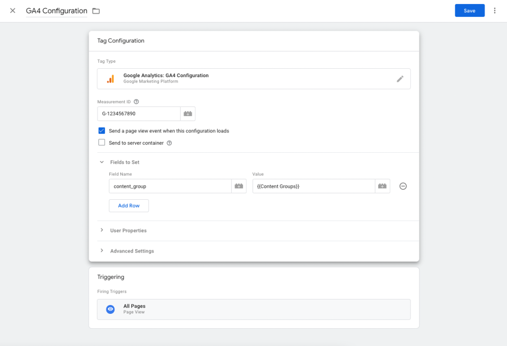 A screenshot showing a basic example of how to set up a tag in Google Tag Manager to track user activity in GA4.