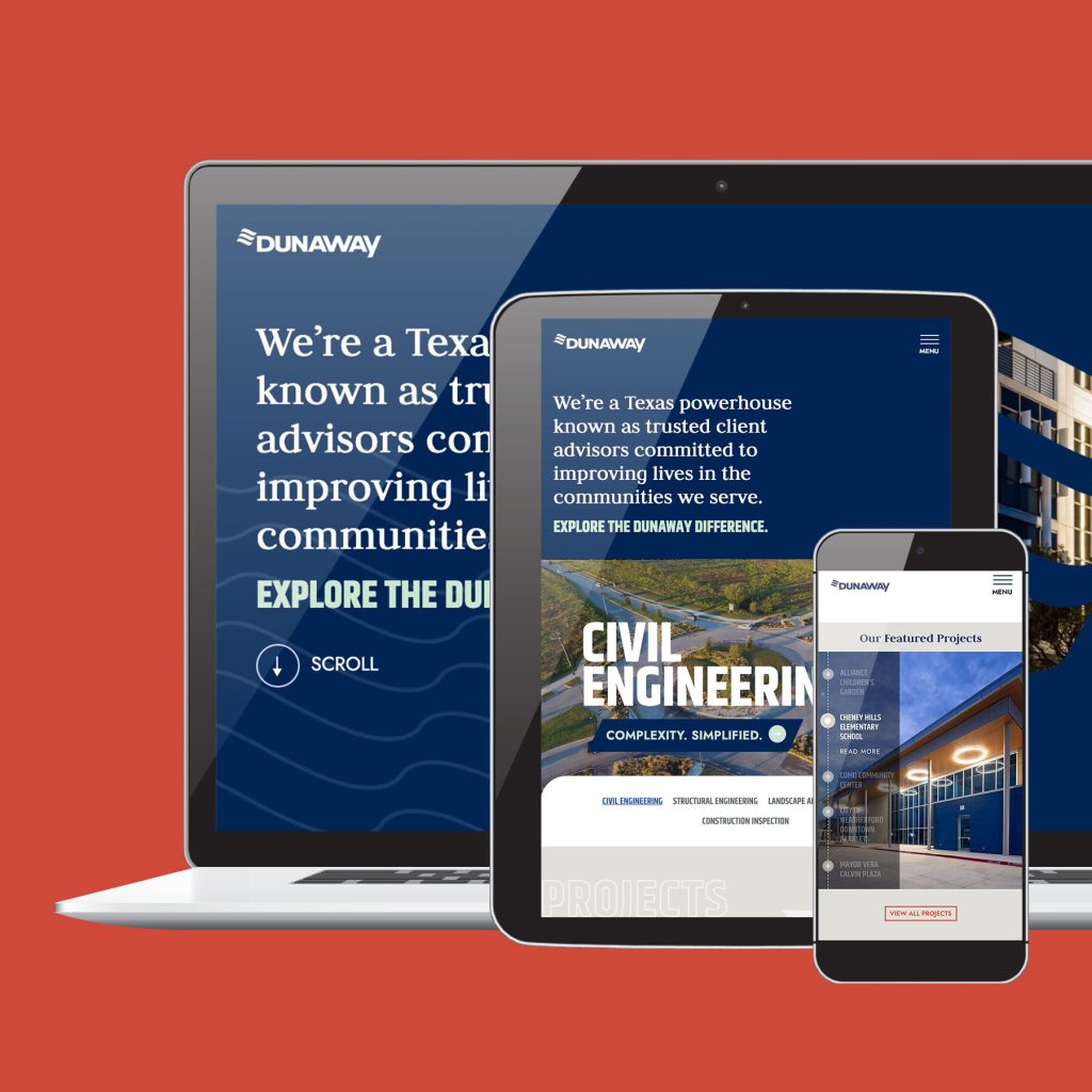 Dunaway website mockup design on laptop, tablet, and mobile device cropped for mobile view.