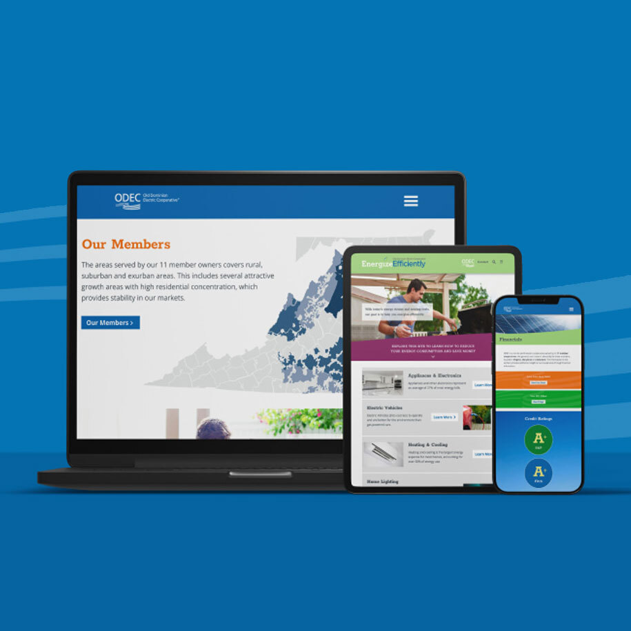 Laptop, tablet and phone display ODEC's website redesign.