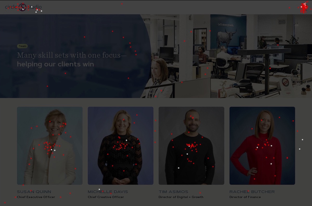 A confetti clickmap of our team page.