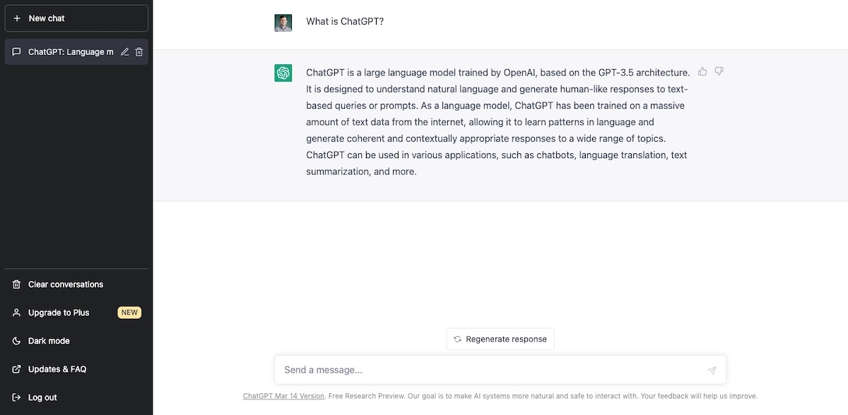 A screenshot of ChatGPT's response to the prompt: "What is ChatGPT?"