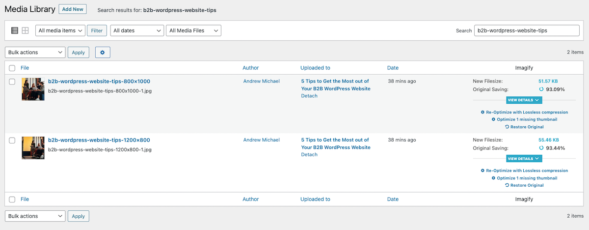 Screenshot of the circle S studio media library showing how Imagify compresses our images.