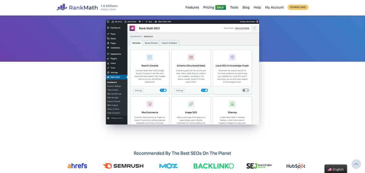 Screenshot of the RankMath homepage showing their dashboard.