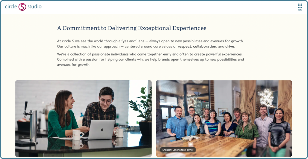 circle S studio about page screenshot showing values and mission