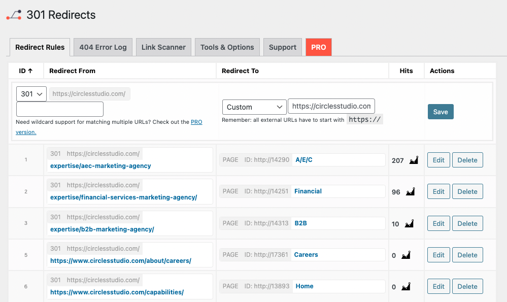 A screenshot of the 301 redirects plugin, which we use to manage redirects on our main circle S studio website.