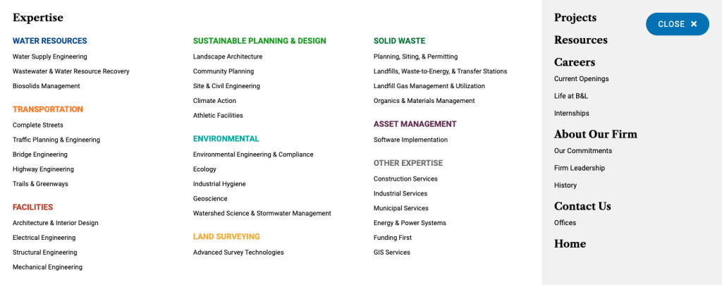 Barton and Loguidice mega menu example.