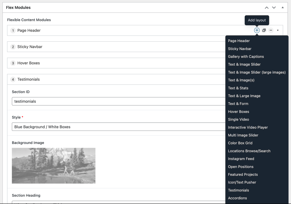 Flex modules displayed in the WordPress Dashboard for Consor's website.