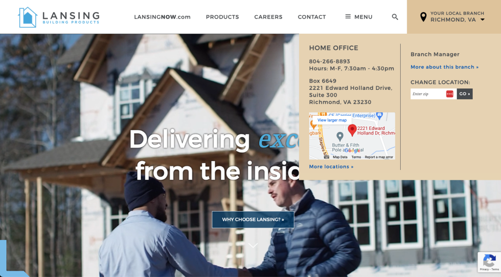 Geotargeting example in the Lansing Building Products menu that shows the contact information for the user's local branch.