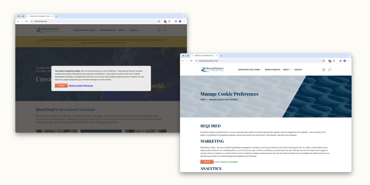 Examples of a consent cookie pop-up and a consent cookie management page
