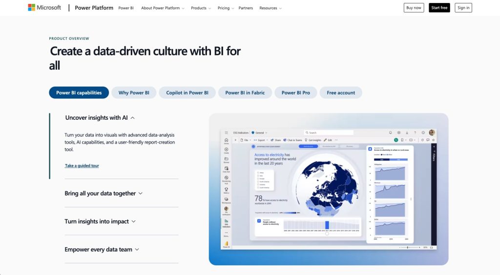 A screenshot of the Microsoft Power BI homepage.
